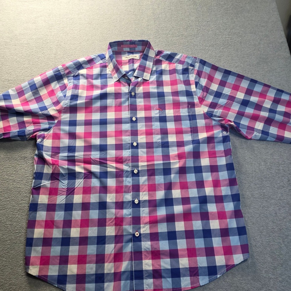 Tommy Bahama Mens XL Plaid Button Down Shirt Pink Blue Short Sleeve Siesta Key